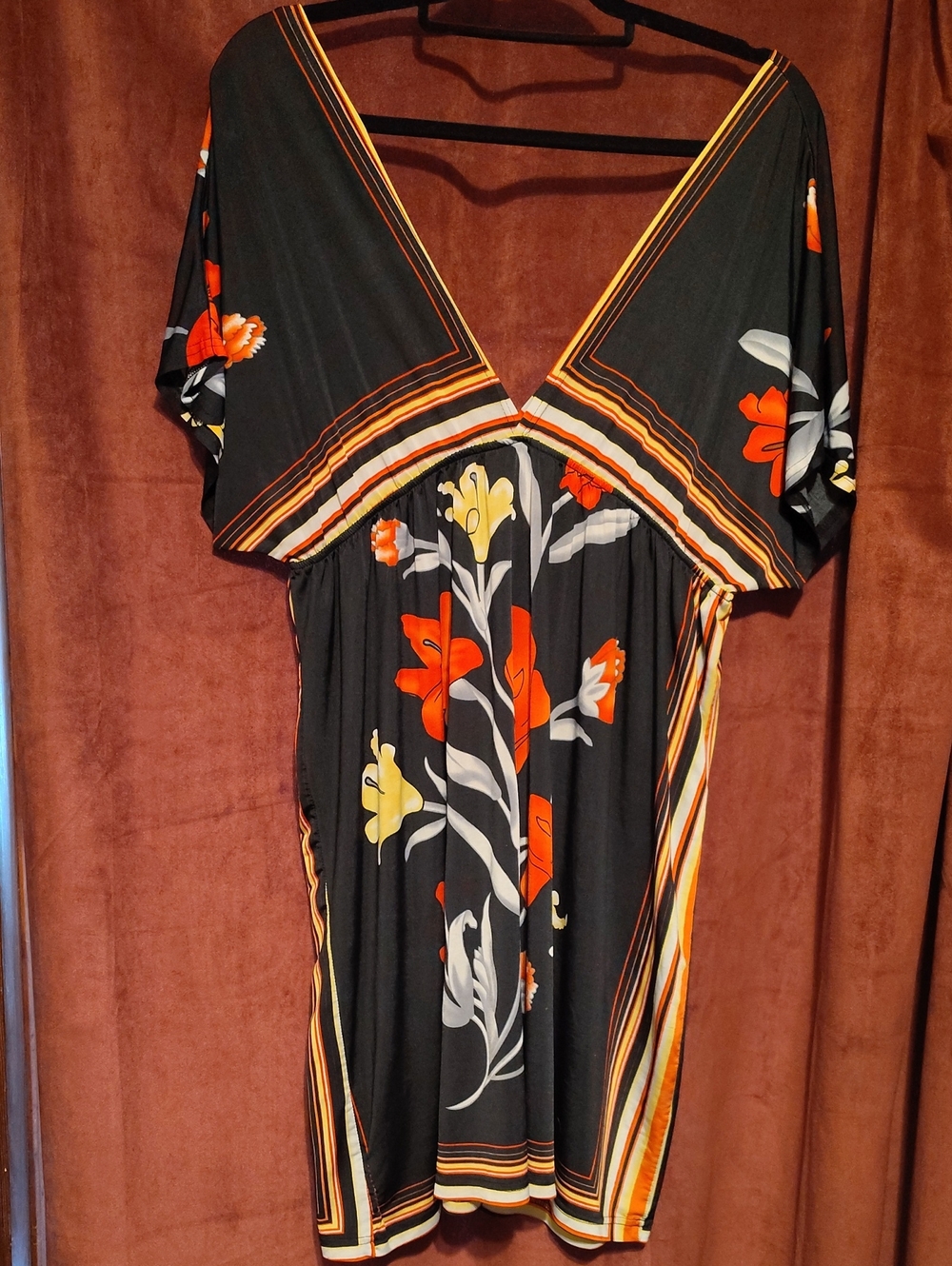Black Floral V-Neck Women's Dress with Red and Yellow Accents